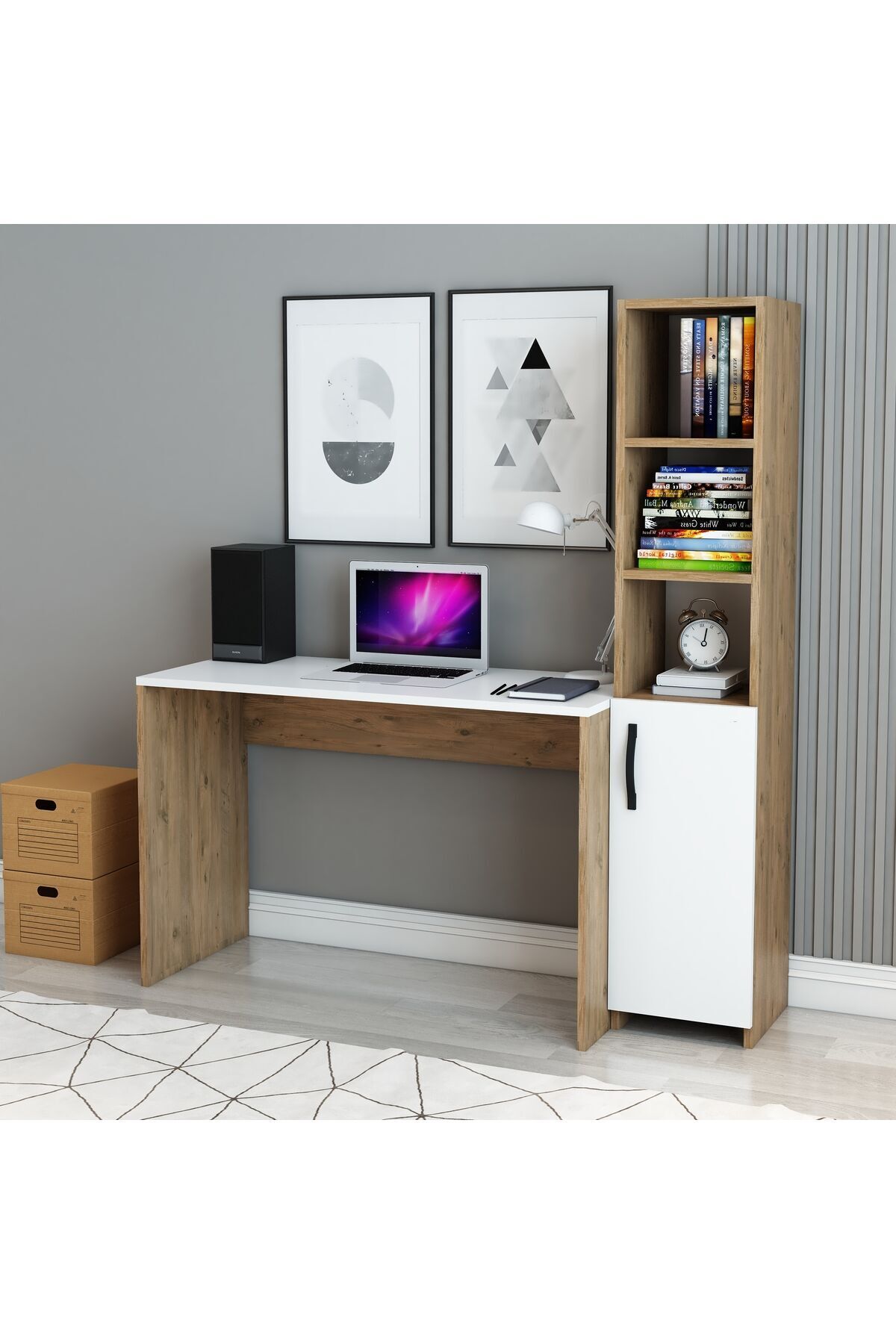 Beyaz Kapaklı Kahverengi Kitaplık | Dolap | Çalışma ve Bilgisayar Masası – Modern Ofis ve Ev Masası