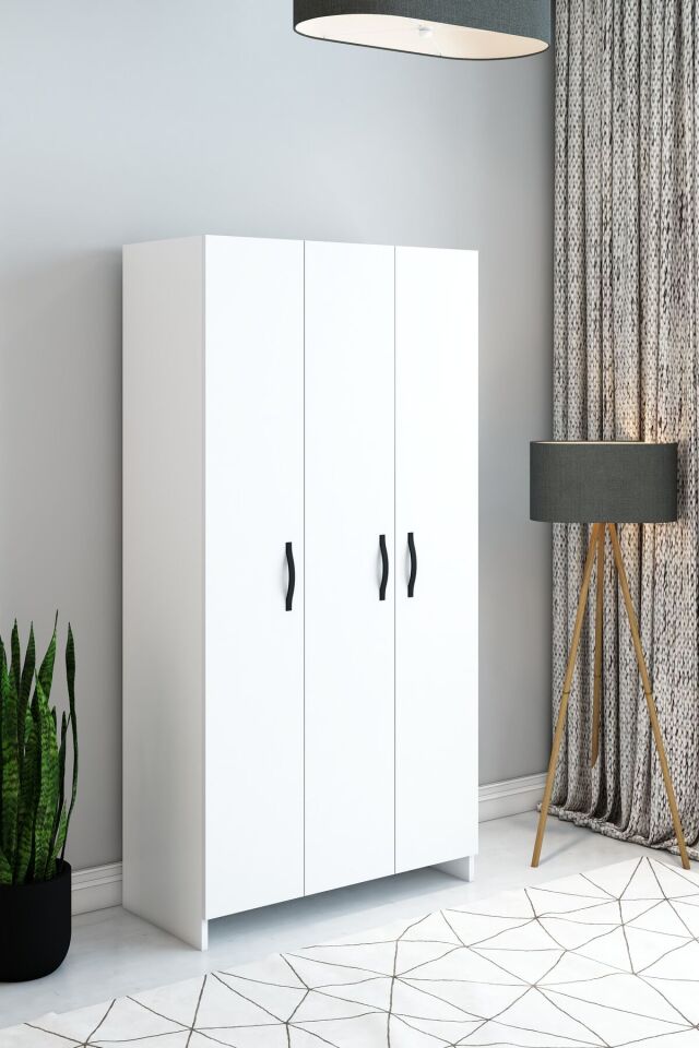 Beyaz 3 Kapaklı Raflı ve Askılıklı Gardırop – Modern Fonksiyonel Dolap | Kıyafet ve Depolama Dolabı