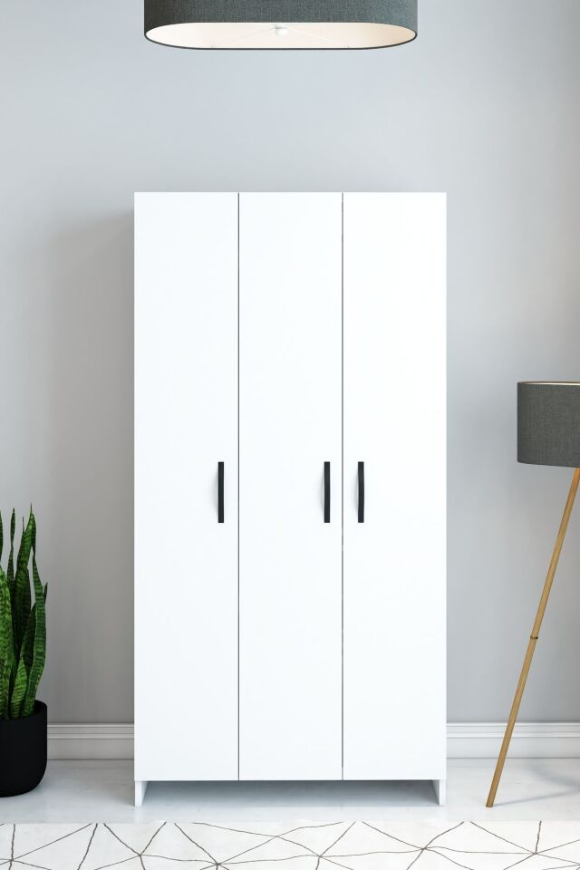 Beyaz 3 Kapaklı Raflı ve Askılıklı Gardırop – Modern Fonksiyonel Dolap | Kıyafet ve Depolama Dolabı