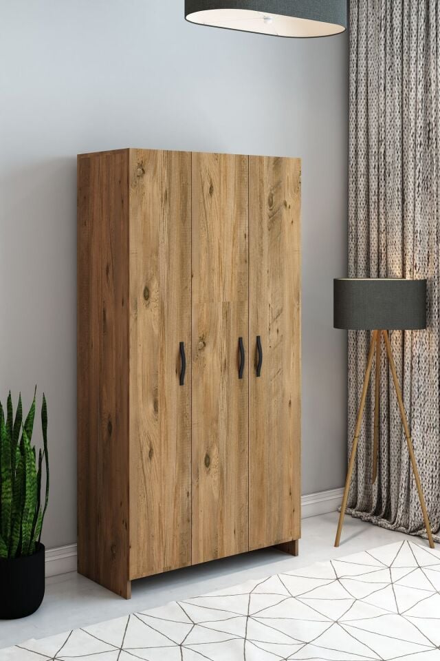 Atlantik Çam 3 Kapaklı Raflı ve Askılıklı Gardırop – Modern Fonksiyonel Kıyafet Dolabı
