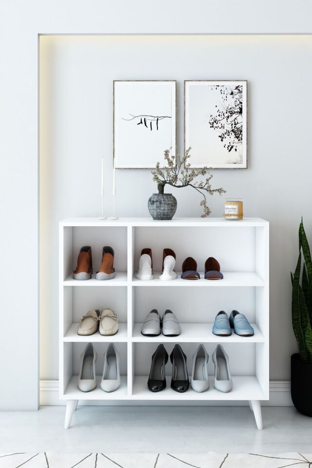 Beyaz 3 Kapaklı Raflı Ayakkabılık – Çok Amaçlı Dolap | Vestiyer | Portmanto