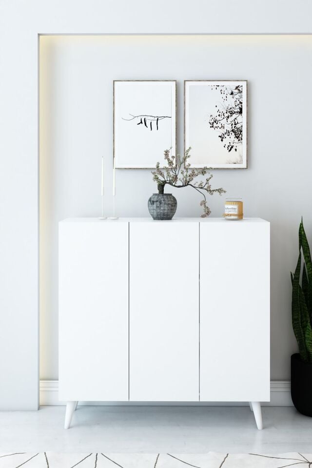 Beyaz 3 Kapaklı Raflı Ayakkabılık – Çok Amaçlı Dolap | Vestiyer | Portmanto