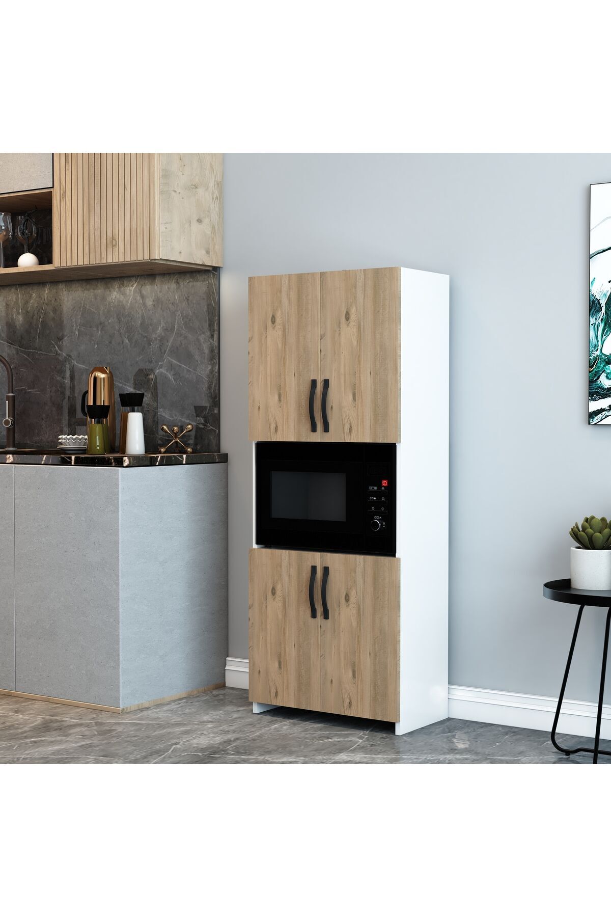 150 cm Beyaz Atlantik Çam Mikrodalga ve Fırın Dolabı – Çok Amaçlı Mutfak Dolabı