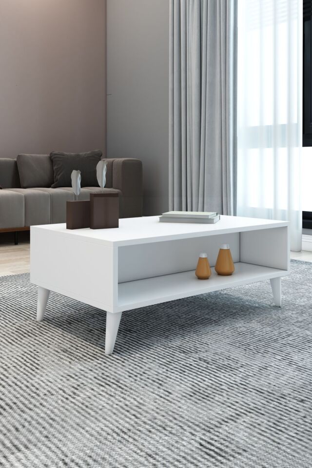 Roma Raflı Beyaz Orta Sehpa – Modern Dikdörtgen Salon Sehpası | Şık ve Fonksiyonel Sehpa Modeli