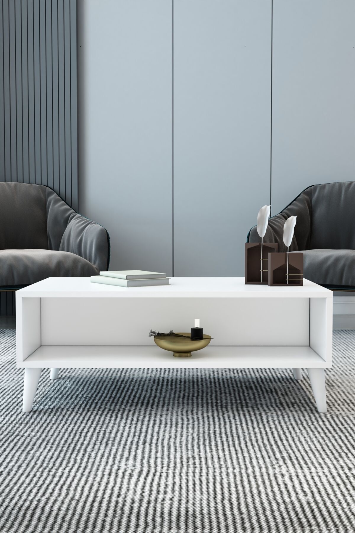 Roma Raflı Beyaz Orta Sehpa – Modern Dikdörtgen Salon Sehpası | Şık ve Fonksiyonel Sehpa Modeli