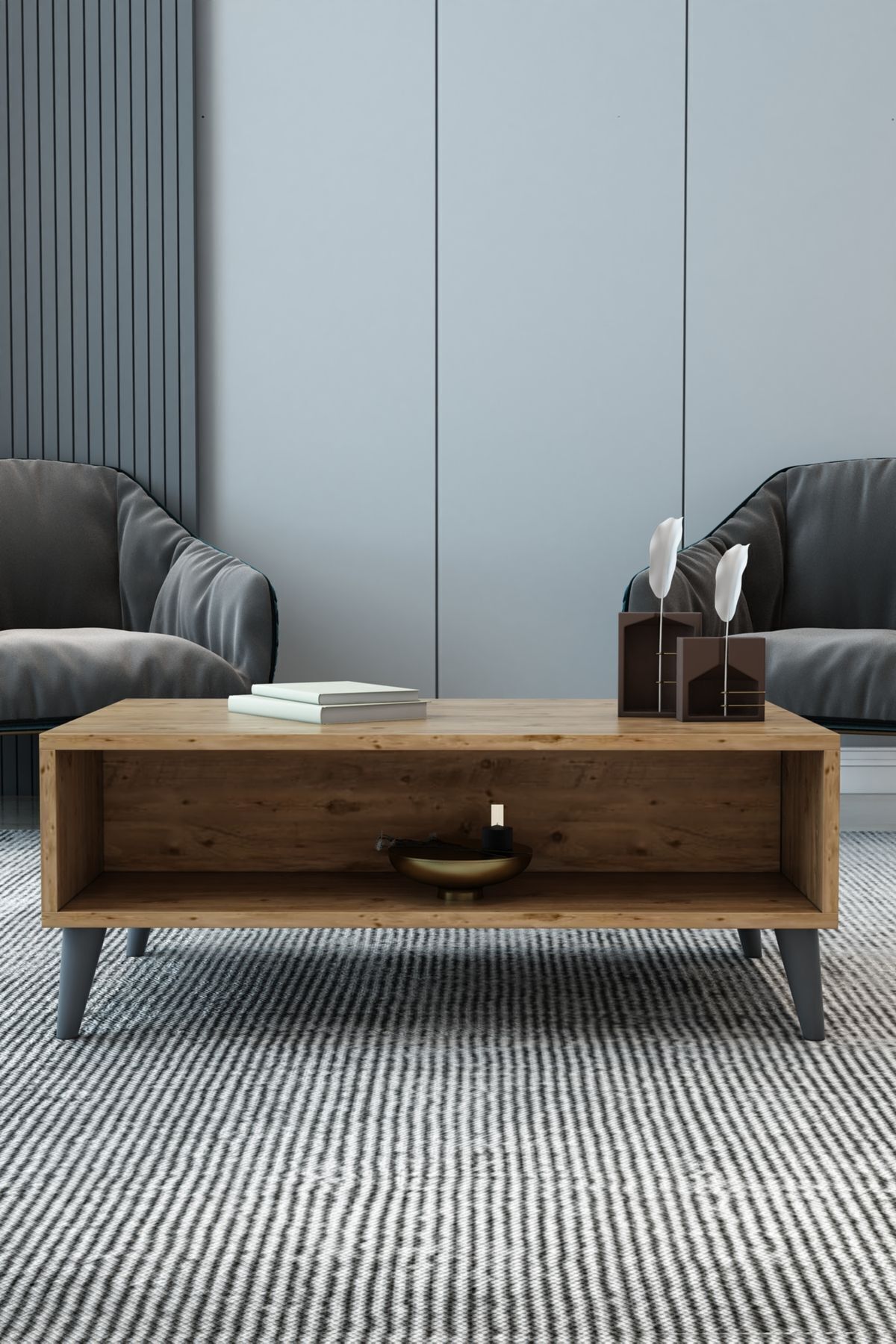 Roma Raflı Kahverengi Orta Sehpa – Modern Dikdörtgen Salon Sehpası | Şık ve Fonksiyonel Sehpa Modeli