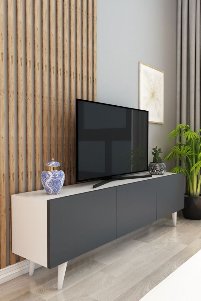 Model Ice TV Ünitesi 150 cm 3 Kapaklı TV Sehpası – Beyaz Antrasit | TV Konsolu | Televizyon Ünitesi