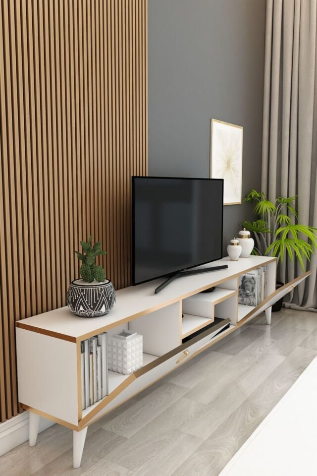 Model Z TV Ünitesi 150 cm Dekoratif Raflı 2 Kapaklı TV Sehpası – Beyaz Altın Renk Modern Konsol