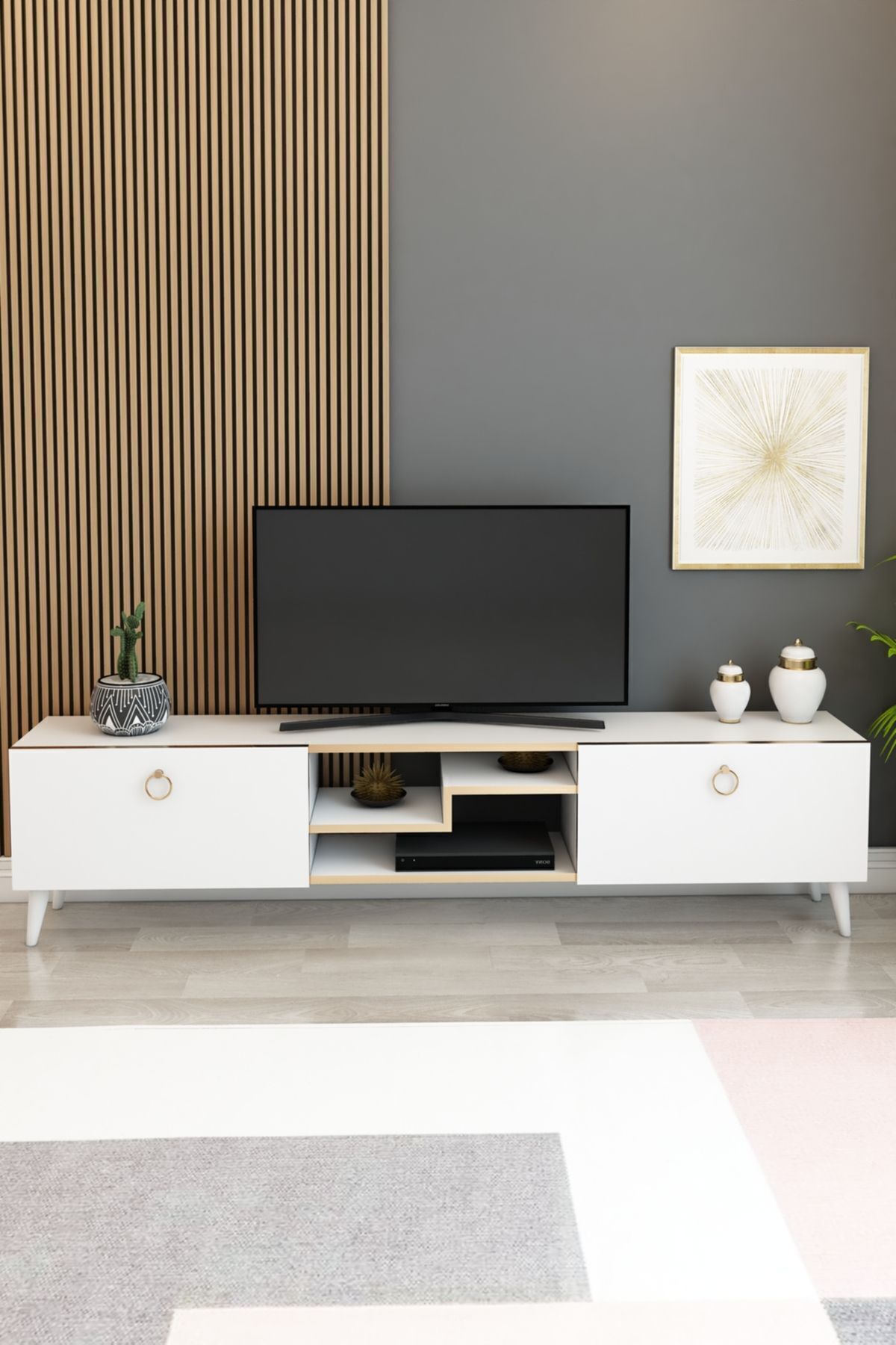 Model Z TV Ünitesi 150 cm Dekoratif Raflı 2 Kapaklı TV Sehpası – Beyaz Altın Renk Modern Konsol