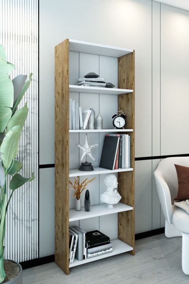 Dekoratif 5 Raflı Modern Kitaplık – Çam Beyaz Çok Amaçlı Kitaplık | Salon Ofis Raflı Dolap