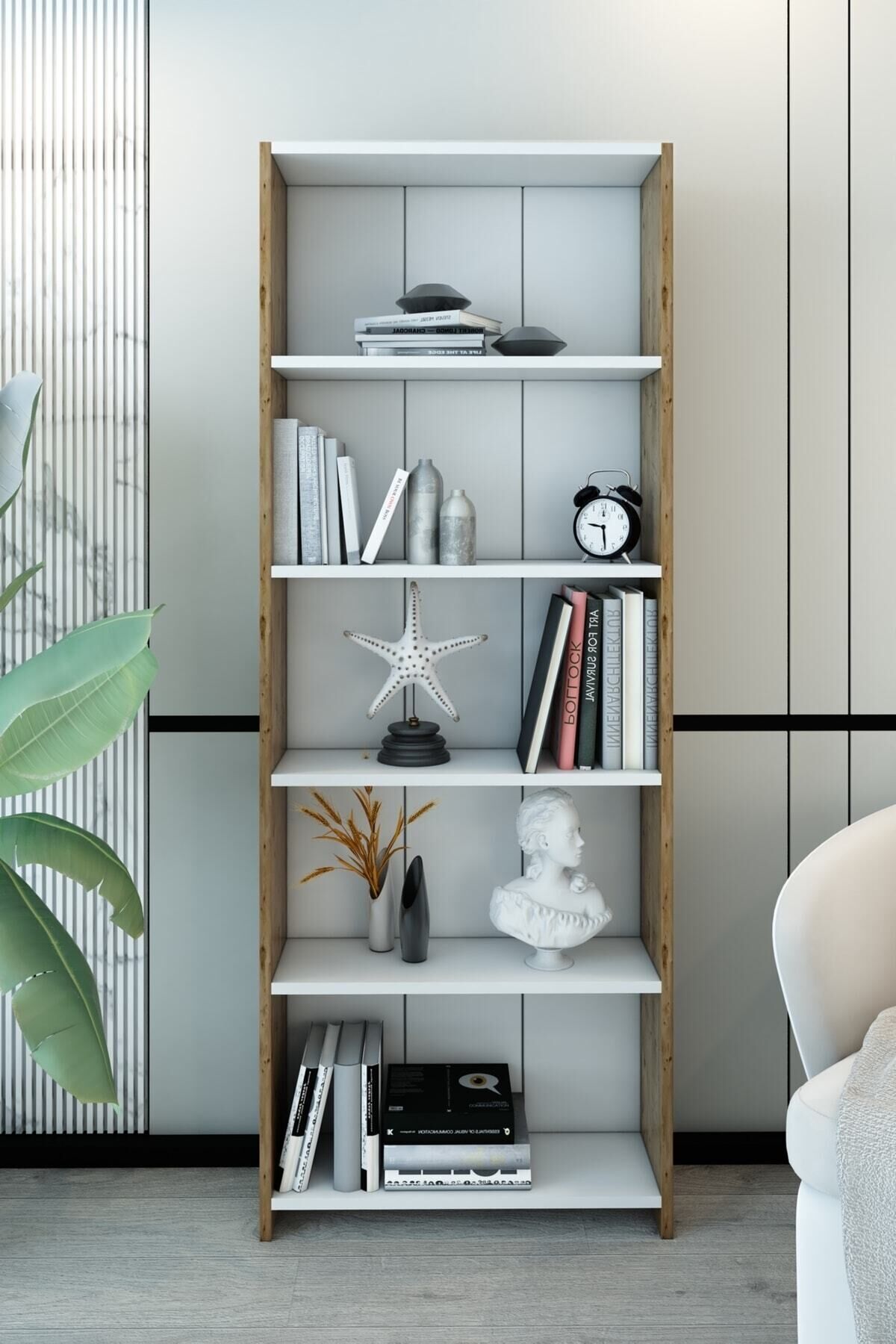 Dekoratif 5 Raflı Modern Kitaplık – Çam Beyaz Çok Amaçlı Kitaplık | Salon Ofis Raflı Dolap