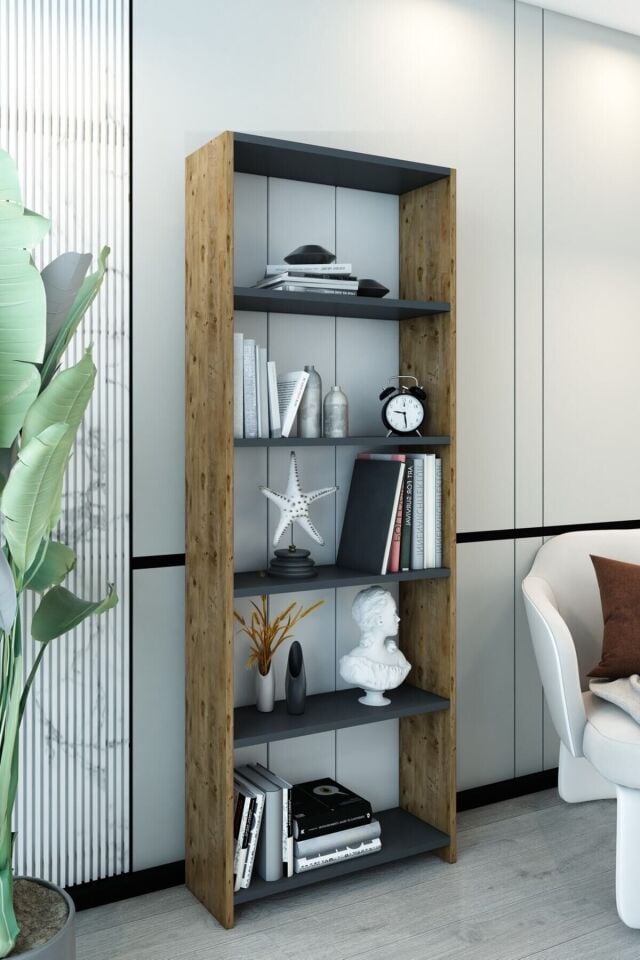 Dekoratif 5 Raflı Modern Kitaplık | Çam Antrasit Kitaplık | Çok Amaçlı Raflı Dolap