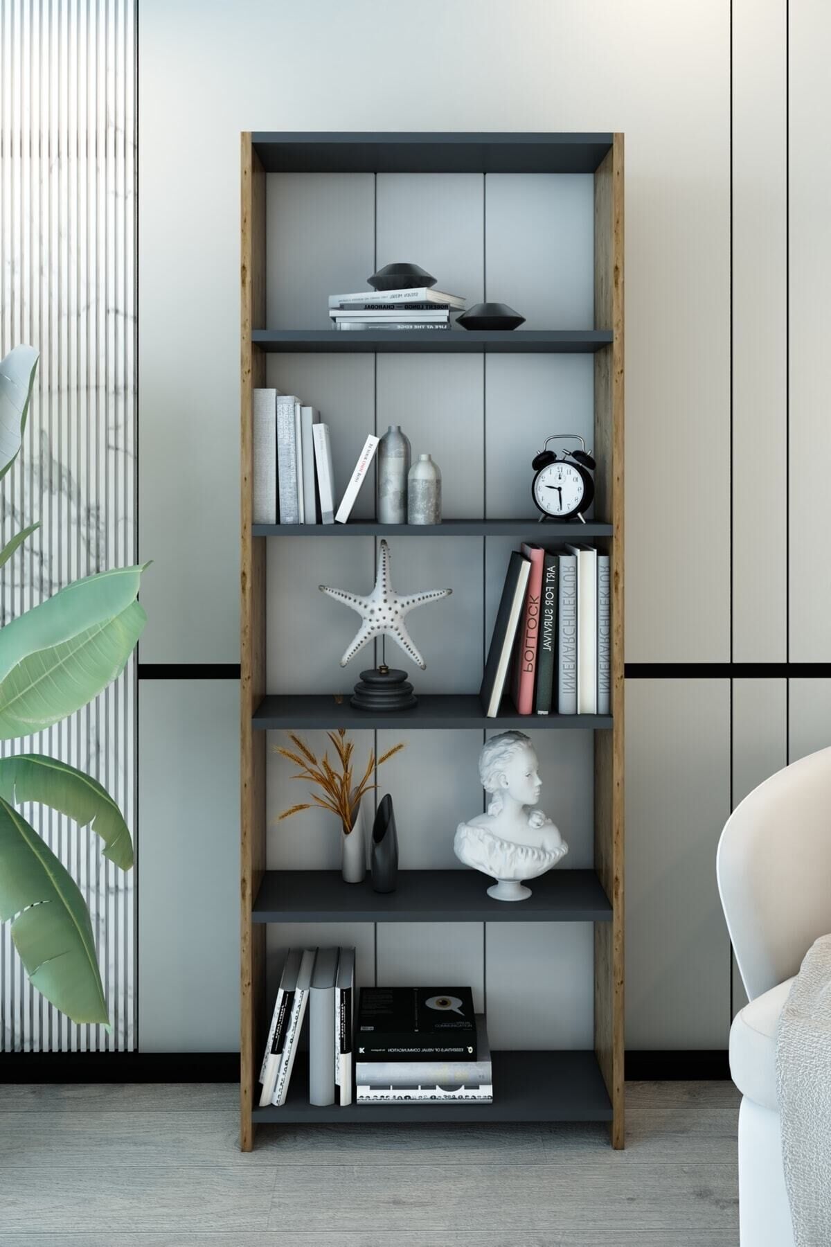 Dekoratif 5 Raflı Modern Kitaplık | Çam Antrasit Kitaplık | Çok Amaçlı Raflı Dolap