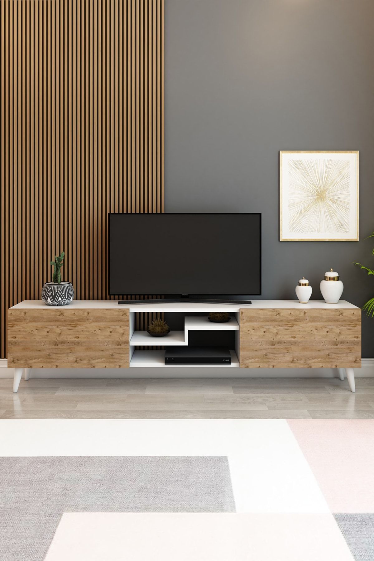 Model Z Tv Ünitesi 150 Cm Dekoratif Raflı Iki Kapaklı Tv Sehpası Beyaz-çam Renk