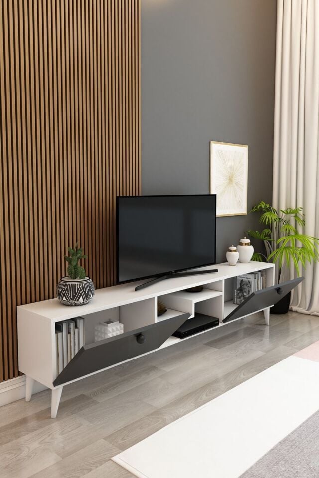 Model Z 150 cm Antrasit Beyaz TV Ünitesi – Dekoratif Raflı 2 Kapaklı Modern Fonksiyonel TV Sehpası