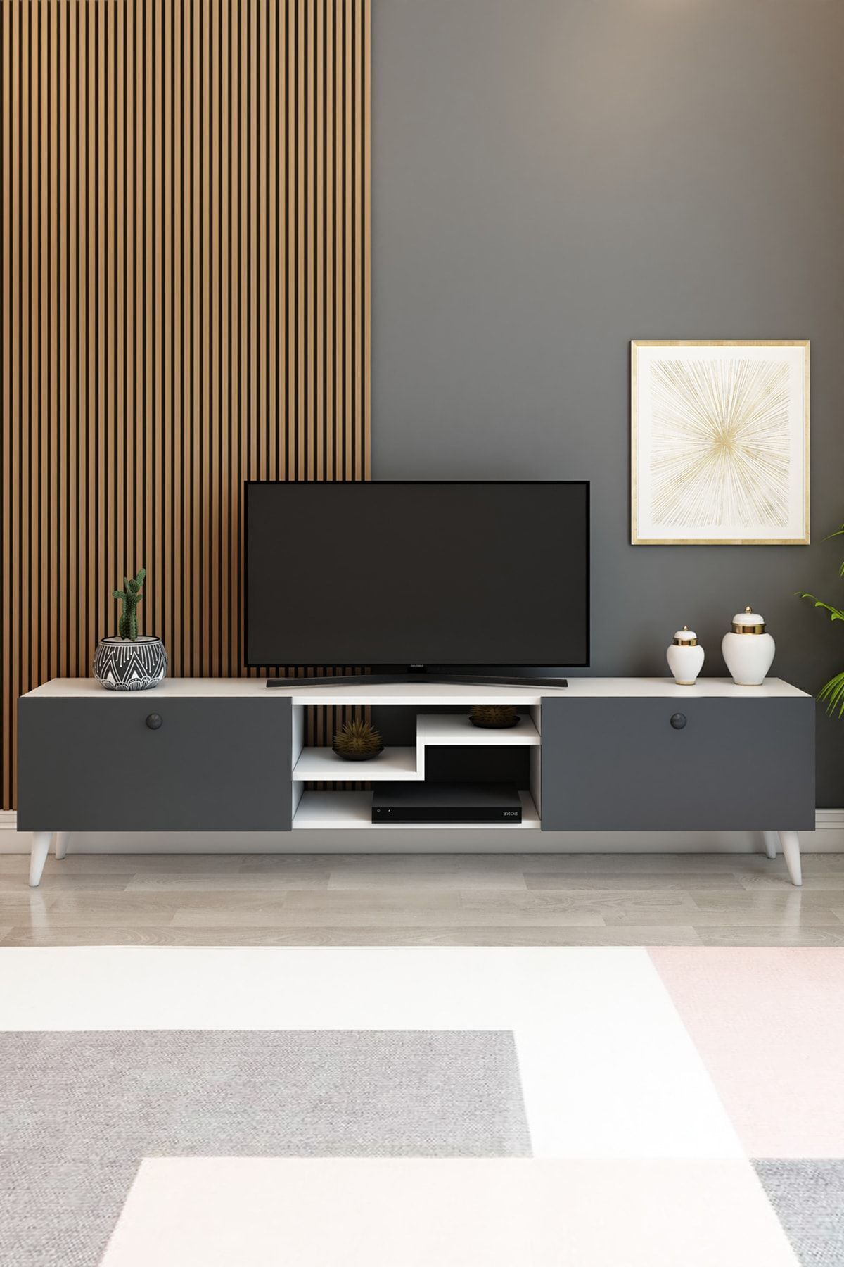 Model Z 150 cm Antrasit Beyaz TV Ünitesi – Dekoratif Raflı 2 Kapaklı Modern Fonksiyonel TV Sehpası