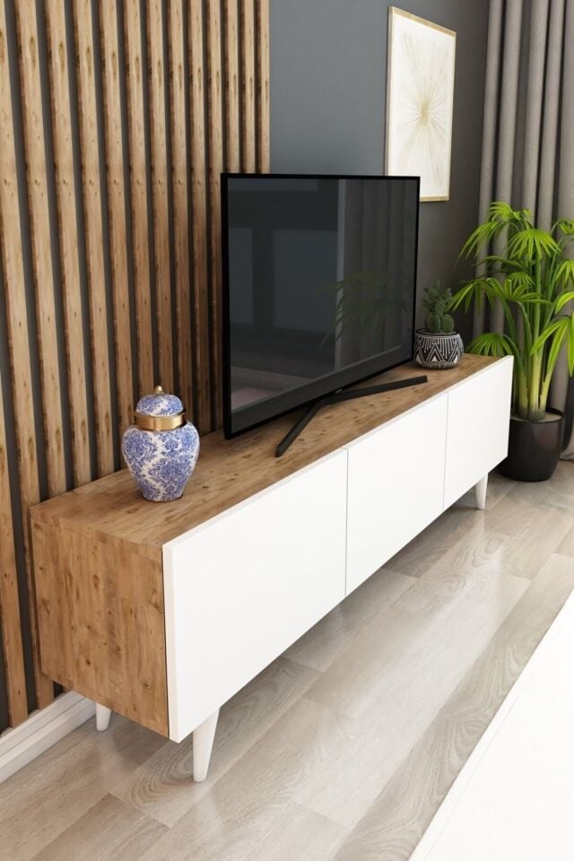 Model Dream TV Ünitesi 150 cm 3 Kapaklı TV Sehpası Beyaz Atlantik Çam TV Konsolu Televizyon Ünitesi