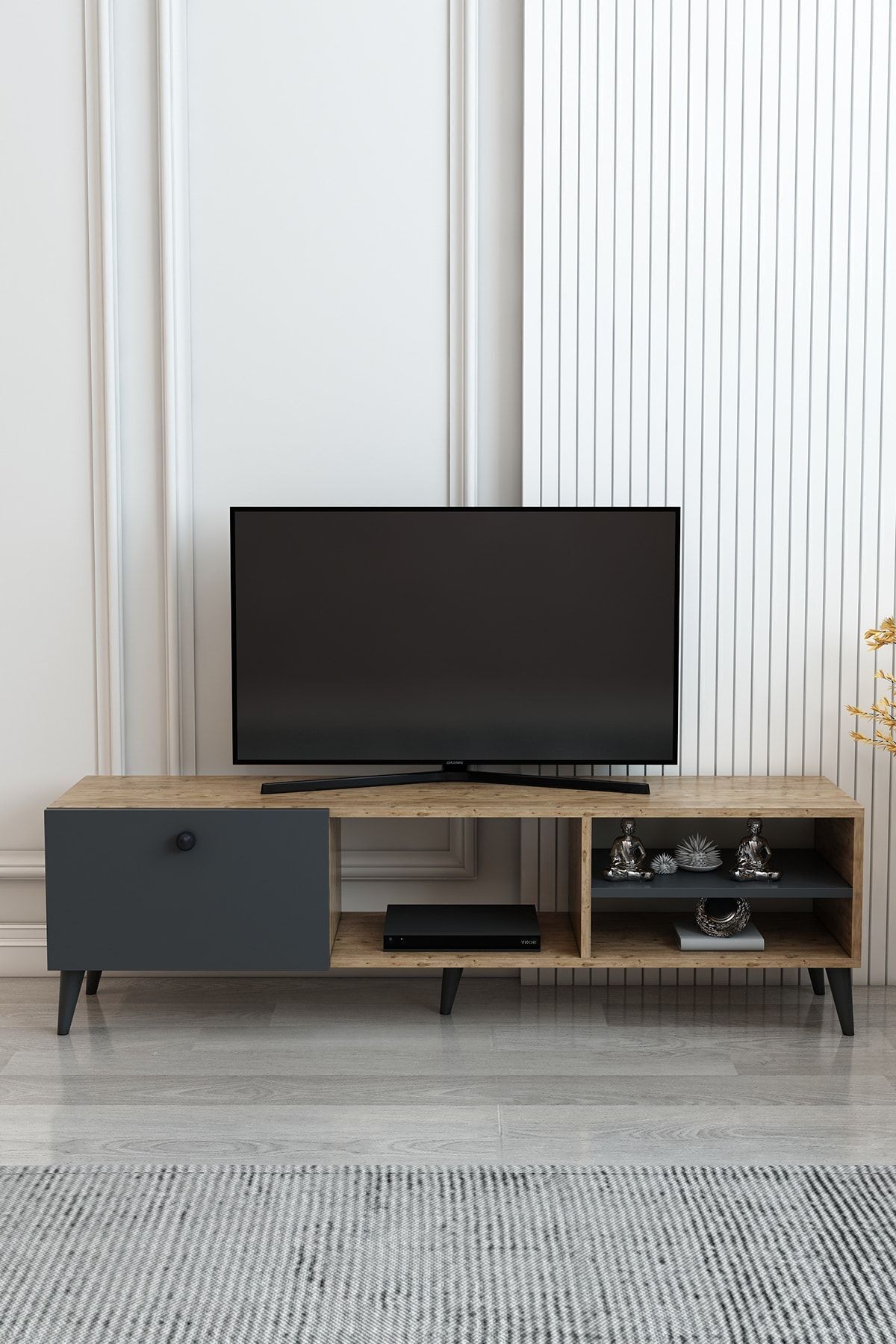 Model Milano TV Ünitesi 150 cm Tek Kapaklı TV Sehpası | Meşe Antrasit TV Konsolu Televizyon Ünitesi