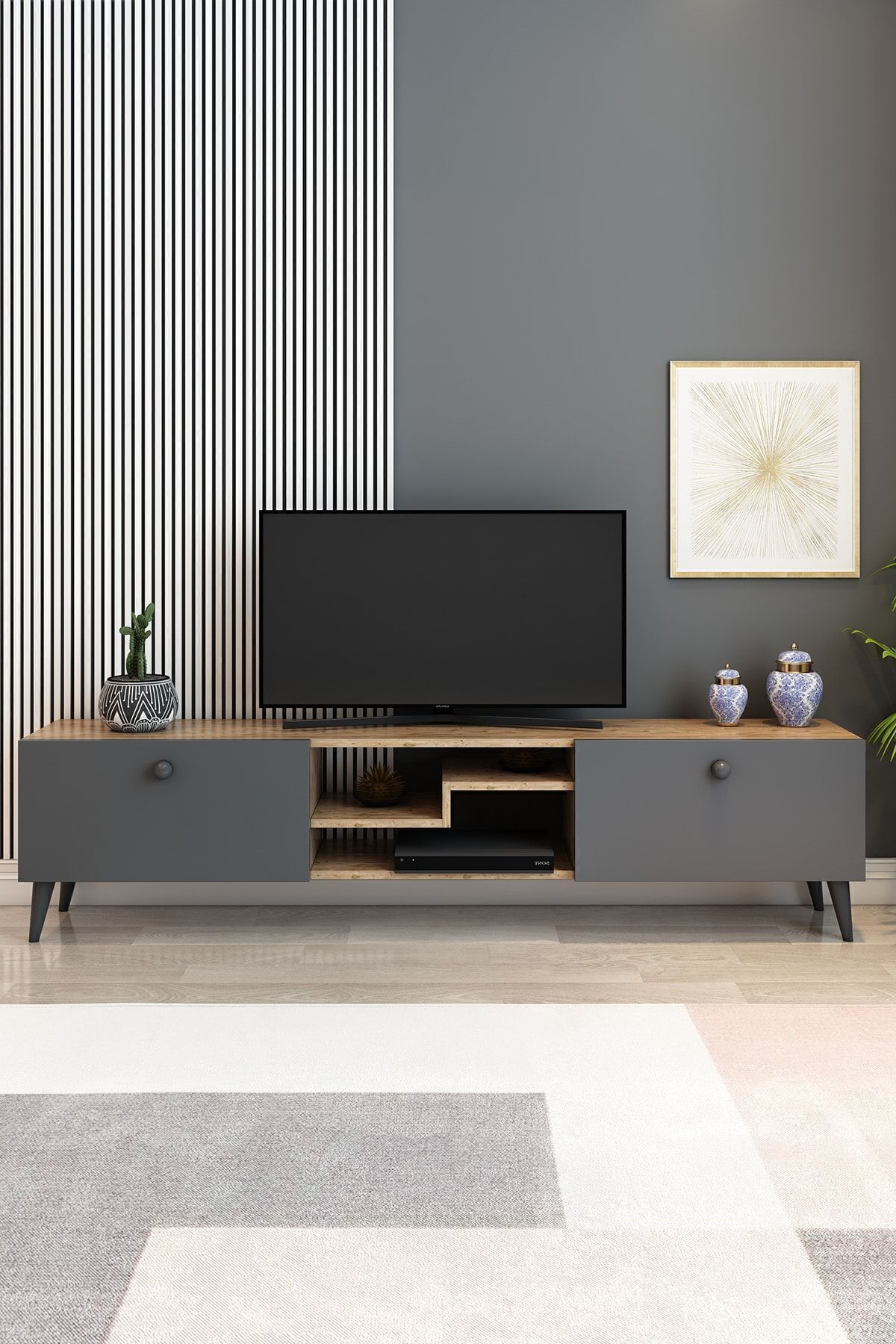 Model Z Tv Ünitesi 150 Cm Dekoratif Raflı Iki Kapaklı Tv Sehpası Çam Renk