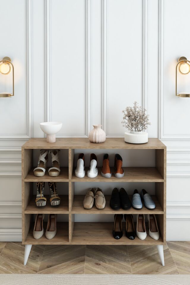 Country Model MDF Membran 3 Kapaklı 6 Raflı Ayakkabılık Portmanto Vestiyer Organizer Atlantik Çam