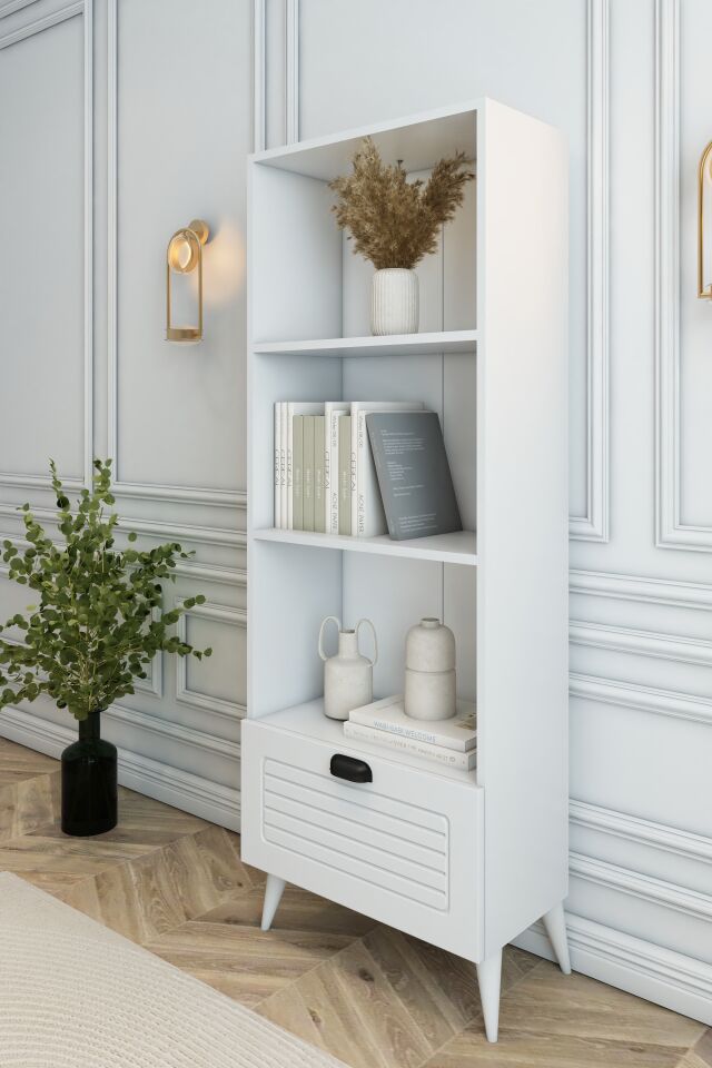 4 Raflı 162 cm Country Model MDF Membran Kapaklı Salon Dolabı Kitaplık Çok Amaçlı Dolap Beyaz