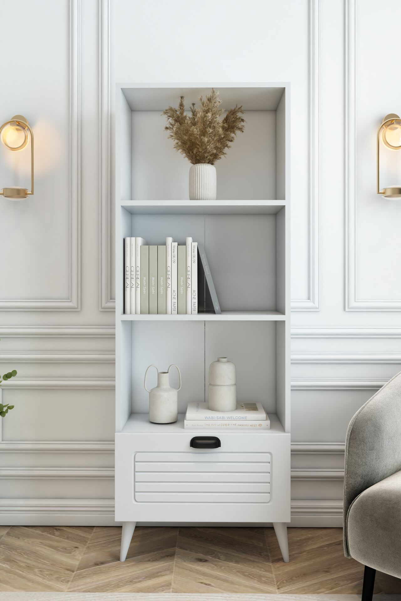 4 Raflı 162 cm Country Model MDF Membran Kapaklı Salon Dolabı Kitaplık Çok Amaçlı Dolap Beyaz