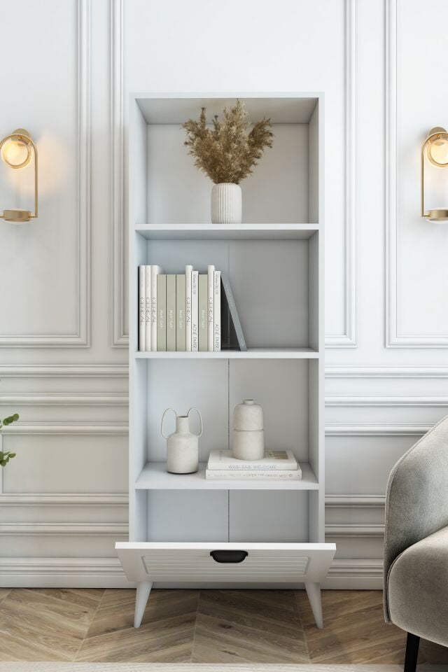 4 Raflı 162 cm Country Model MDF Membran Kapaklı Salon Dolabı Kitaplık Çok Amaçlı Dolap Beyaz