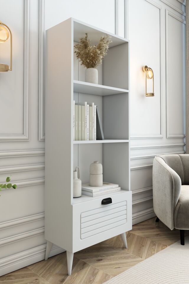 4 Raflı 162 cm Country Model MDF Membran Kapaklı Salon Dolabı Kitaplık Çok Amaçlı Dolap Beyaz