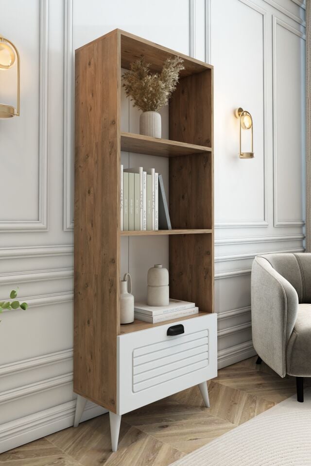 4 Raflı 162 cm Country Model MDF Membran Kapaklı Salon Dolabı Kitaplık Çok Amaçlı Dolap Atlantik Çam