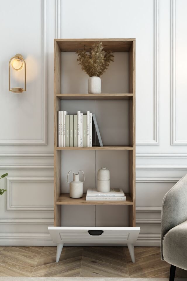 4 Raflı 162 cm Country Model MDF Membran Kapaklı Salon Dolabı Kitaplık Çok Amaçlı Dolap Atlantik Çam