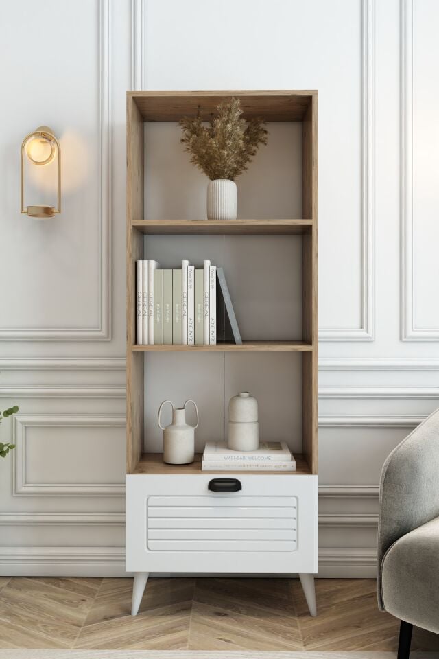 4 Raflı 162 cm Country Model MDF Membran Kapaklı Salon Dolabı Kitaplık Çok Amaçlı Dolap Atlantik Çam