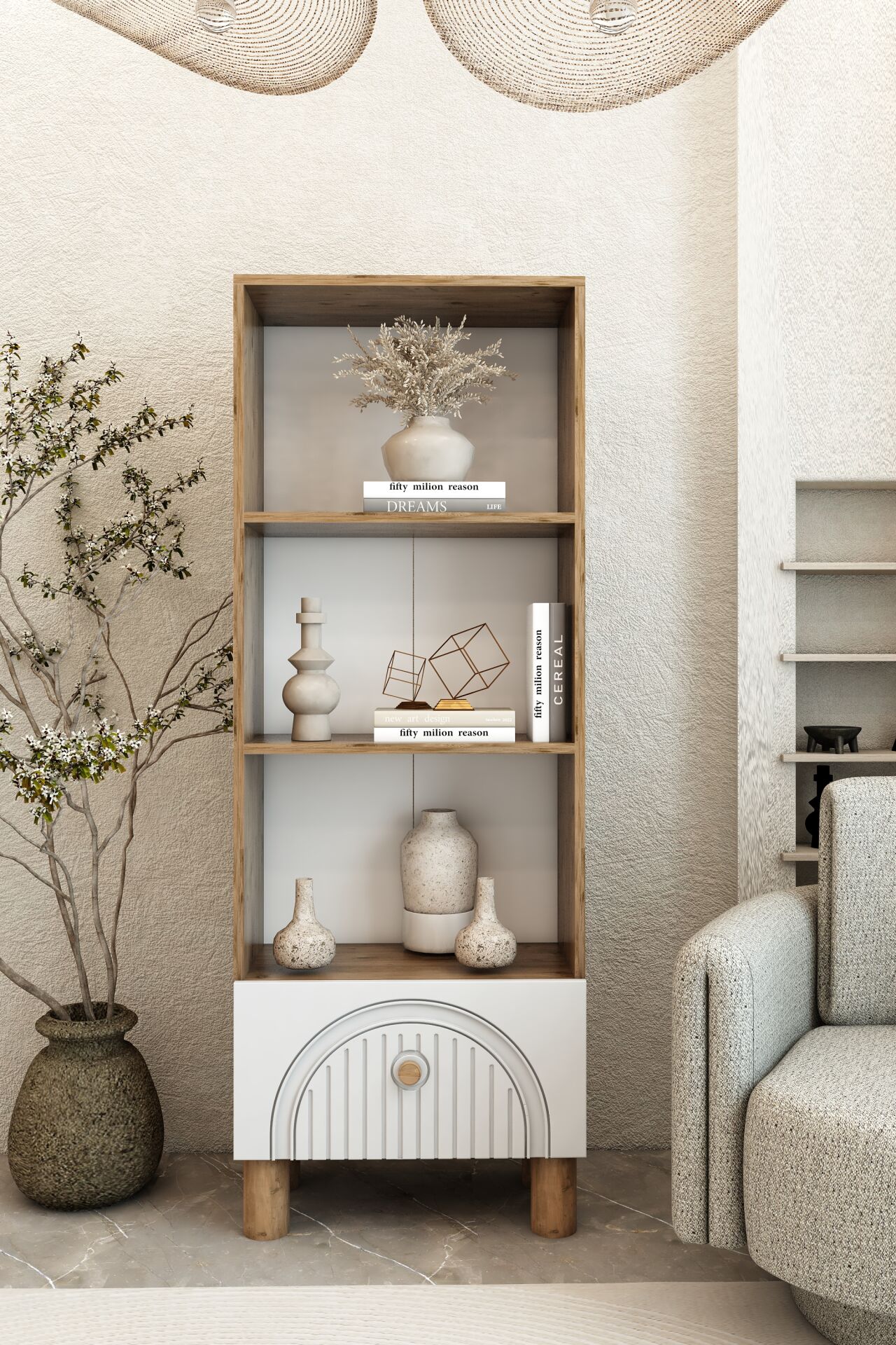 4 Raflı 162 cm Bohem Model MDF Membran Kapaklı Salon Dolabı Kitaplık Çok Amaçlı Dolap Atlantik Çam