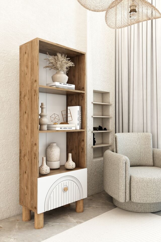4 Raflı 162 cm Bohem Model MDF Membran Kapaklı Salon Dolabı Kitaplık Çok Amaçlı Dolap Atlantik Çam