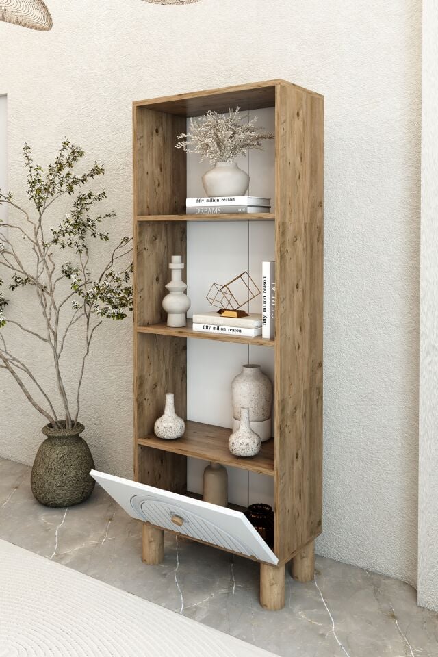 4 Raflı 162 cm Bohem Model MDF Membran Kapaklı Salon Dolabı Kitaplık Çok Amaçlı Dolap Atlantik Çam