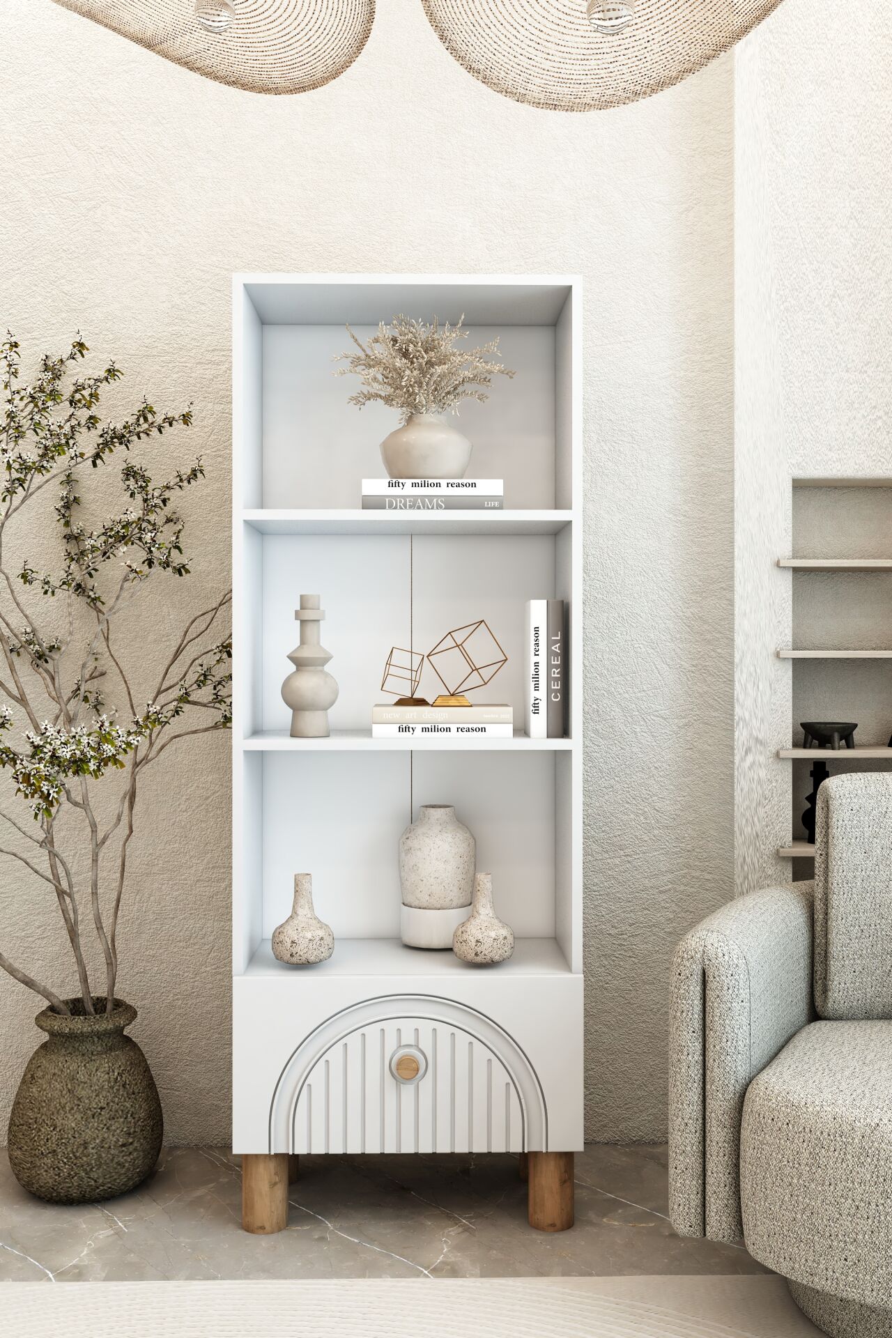 4 Raflı 162 cm Bohem Model MDF Membran Kapaklı Salon Dolabı Kitaplık Çok Amaçlı Dolap Beyaz