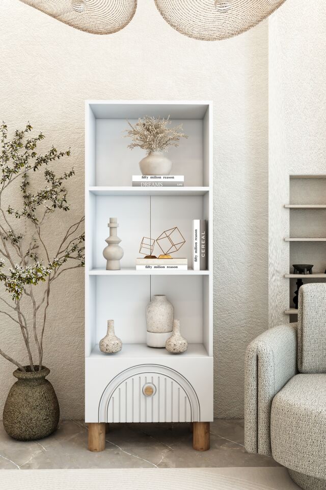 4 Raflı 162 cm Bohem Model MDF Membran Kapaklı Salon Dolabı Kitaplık Çok Amaçlı Dolap Beyaz