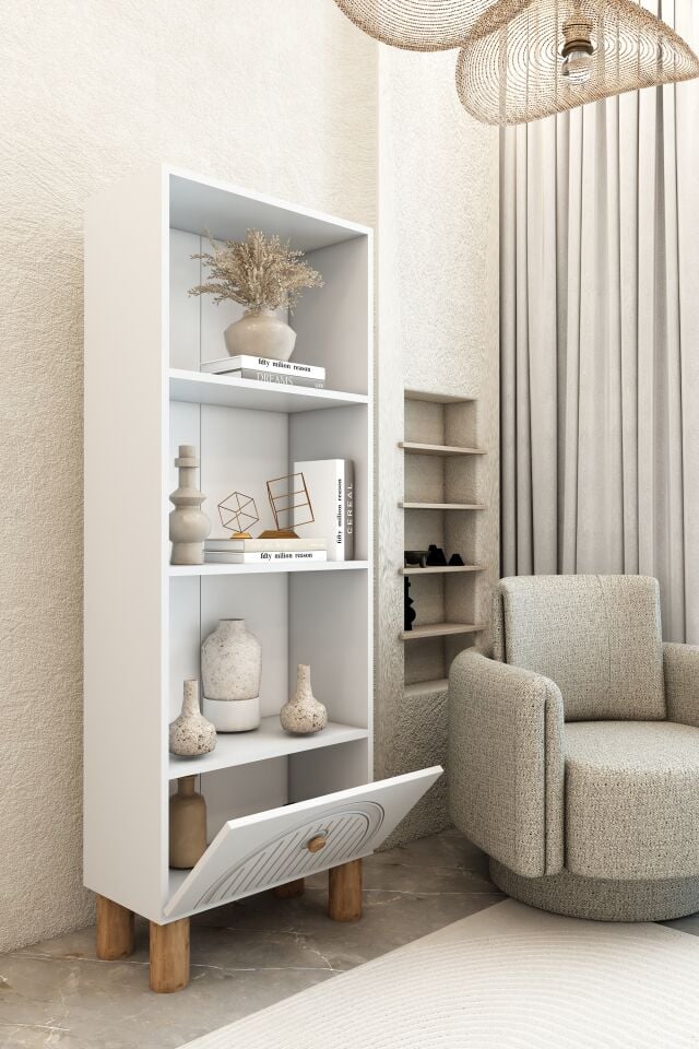 4 Raflı 162 cm Bohem Model MDF Membran Kapaklı Salon Dolabı Kitaplık Çok Amaçlı Dolap Beyaz