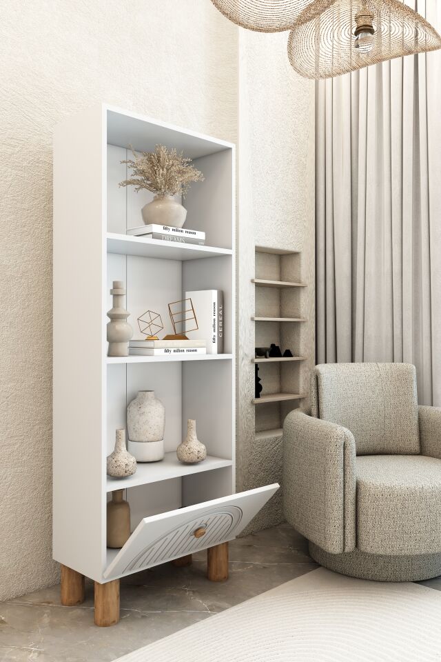 4 Raflı 162 cm Bohem Model MDF Membran Kapaklı Salon Dolabı Kitaplık Çok Amaçlı Dolap Beyaz