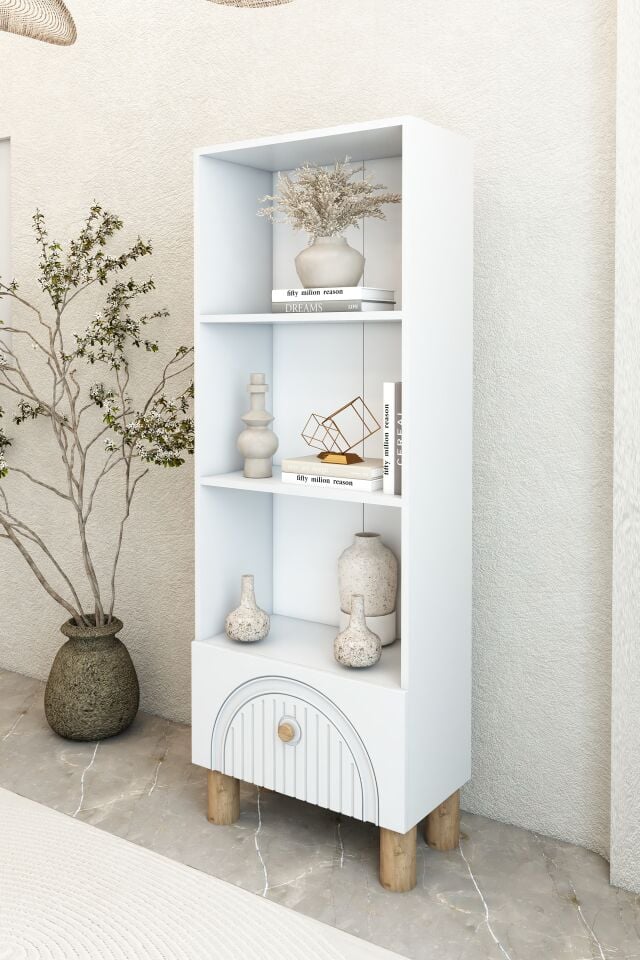 4 Raflı 162 cm Bohem Model MDF Membran Kapaklı Salon Dolabı Kitaplık Çok Amaçlı Dolap Beyaz