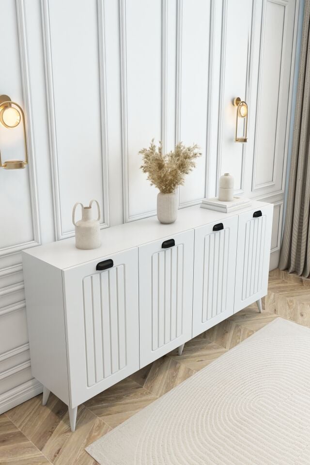 Country Model 4 Kapaklı Konsol MDF Membran Kapaklı Portmanto Ayakkabılık Çok Amaçlı Organizer Beyaz