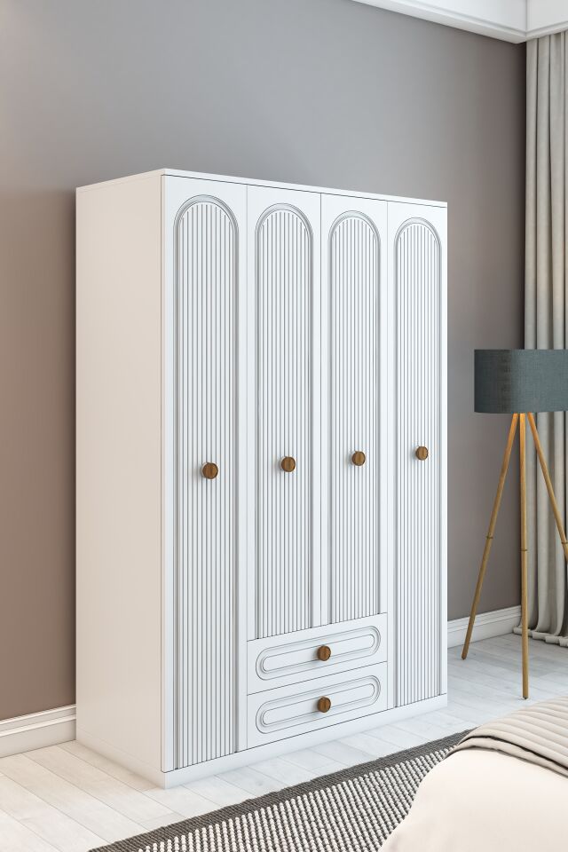 Bohem Model 4 Kapaklı 2 Çekmeceli Gardırop - MDF Membran Kapak | 180 cm Çok Amaçlı Elbise Dolabı