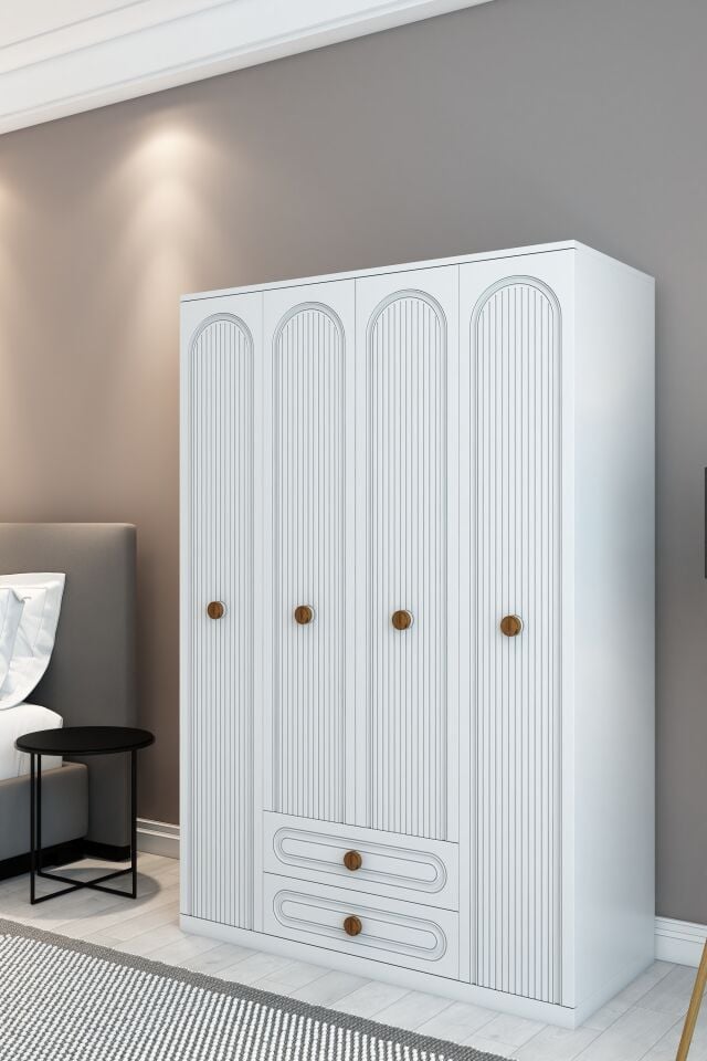 Bohem Model 4 Kapaklı 2 Çekmeceli Gardırop - MDF Membran Kapak | 180 cm Çok Amaçlı Elbise Dolabı