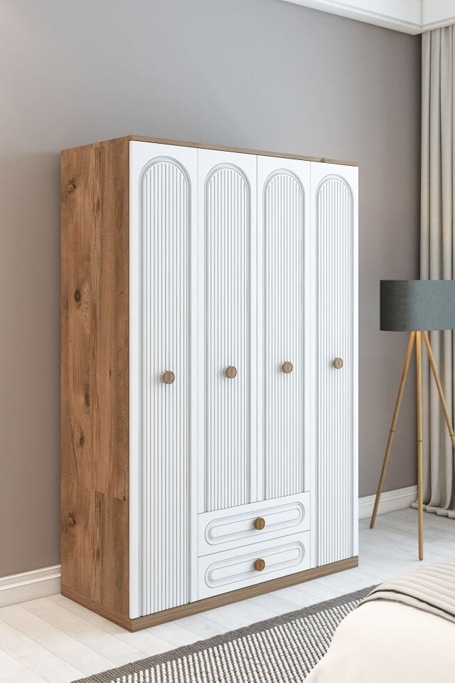 Bohem Model 4 Kapaklı 2 Çekmeceli Gardırop - MDF Membran Kapak | 180 cm Çok Amaçlı Elbise Dolabı
