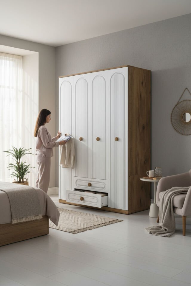 Bohem Model 4 Kapaklı 2 Çekmeceli Gardırop - MDF Membran Kapak | 180 cm Çok Amaçlı Elbise Dolabı