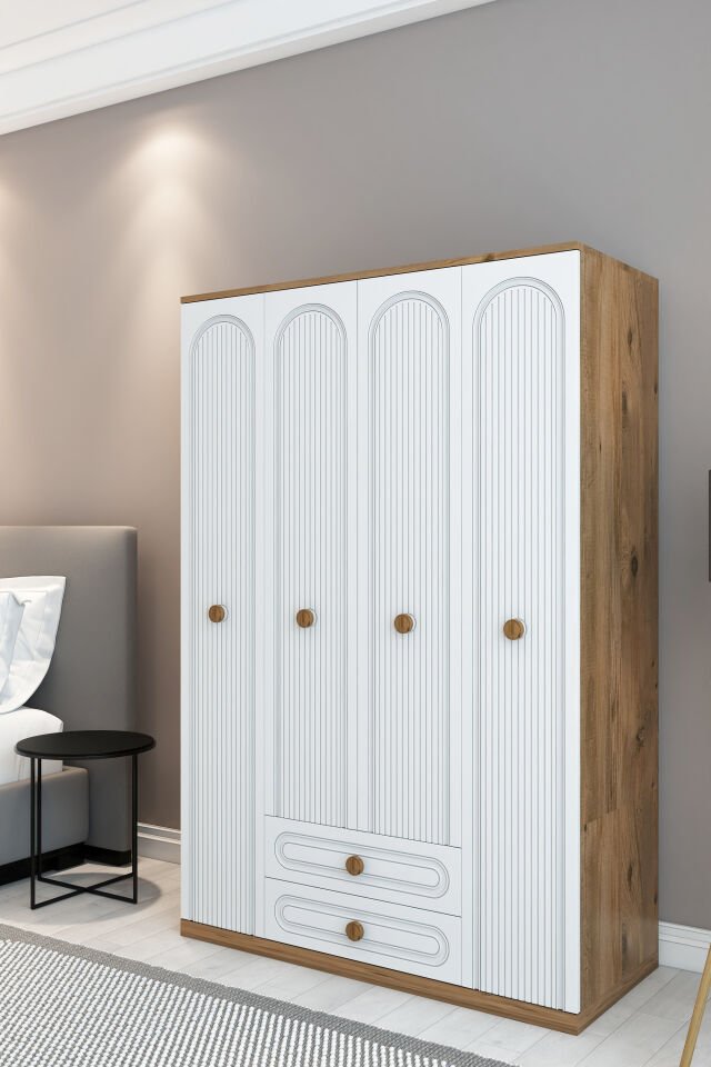 Bohem Model 4 Kapaklı 2 Çekmeceli Gardırop - MDF Membran Kapak | 180 cm Çok Amaçlı Elbise Dolabı