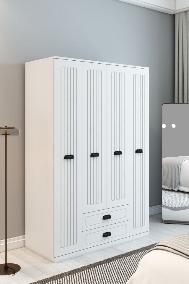 Country Model 4 Kapaklı 2 Çekmeceli Gardırop - MDF Membran Kapak | 180 cm Çok Amaçlı Elbise Dolabı
