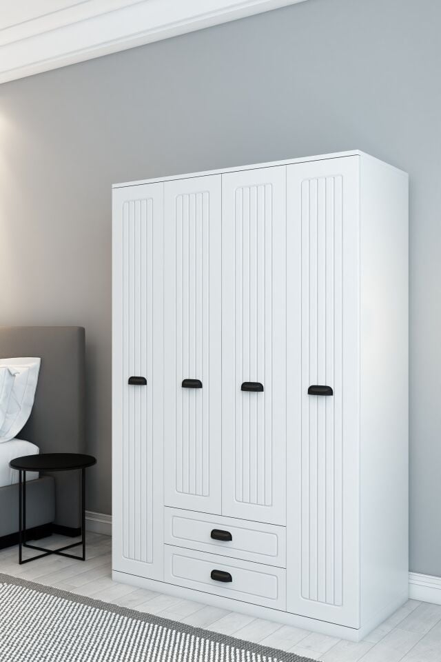 Country Model 4 Kapaklı 2 Çekmeceli Gardırop - MDF Membran Kapak | 180 cm Çok Amaçlı Elbise Dolabı