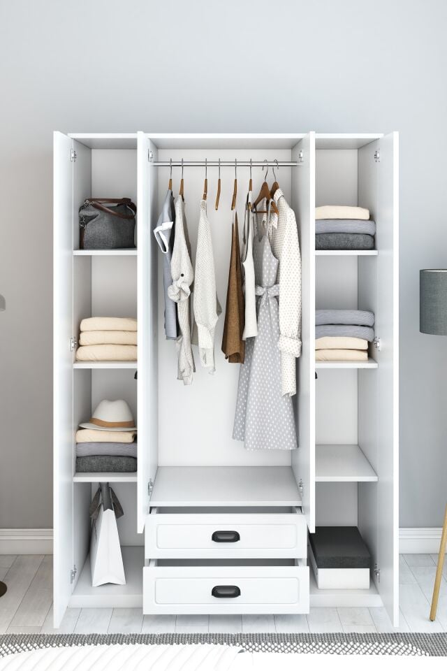 Country Model 4 Kapaklı 2 Çekmeceli Gardırop - MDF Membran Kapak | 180 cm Çok Amaçlı Elbise Dolabı