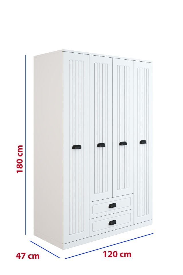 Country Model 4 Kapaklı 2 Çekmeceli Gardırop - MDF Membran Kapak | 180 cm Çok Amaçlı Elbise Dolabı