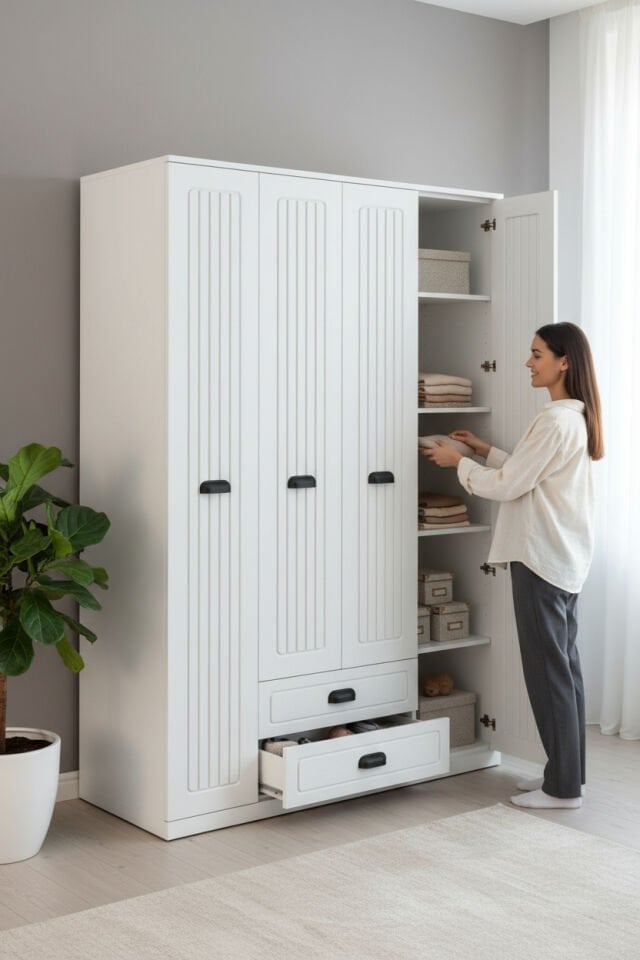 Country Model 4 Kapaklı 2 Çekmeceli Gardırop - MDF Membran Kapak | 180 cm Çok Amaçlı Elbise Dolabı